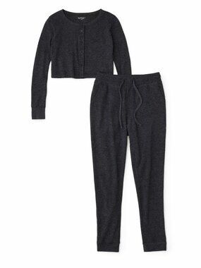 2 Piece Harlow Lounge Set Crop Henley and Jogger- Size Medium - Charcoal